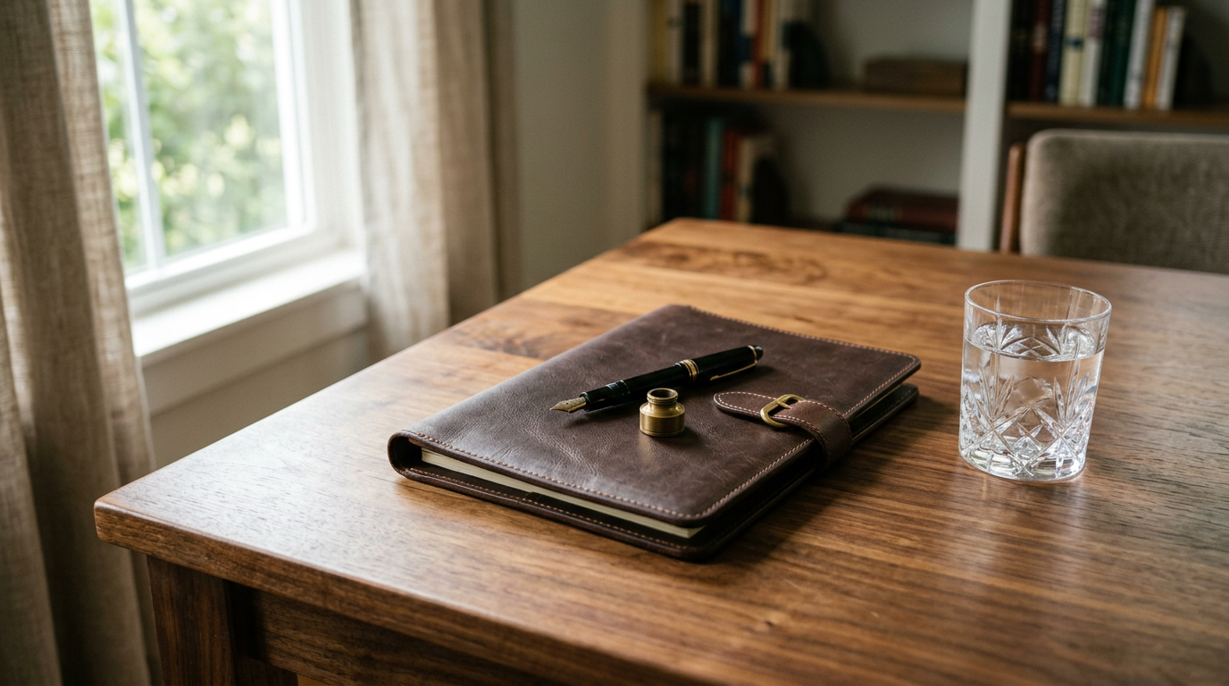 A leather folio and fountain pen on a walnut desk