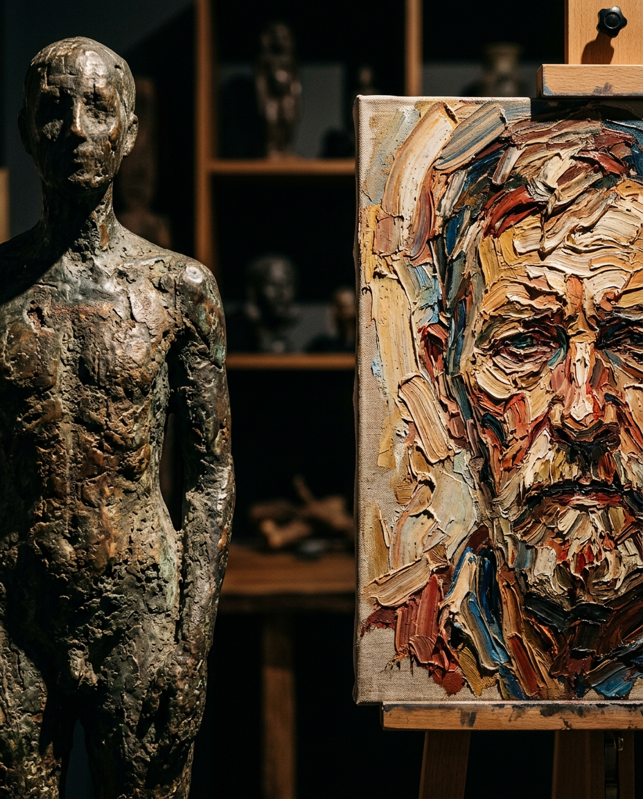 Bronze sculpture and thick brushwork under raking gallery light