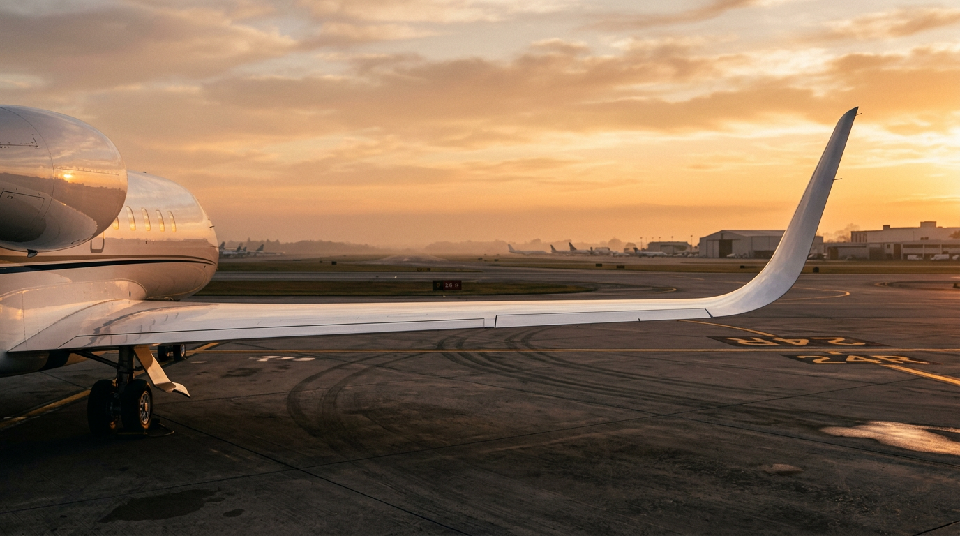 A private jet wingtip at golden hour on a quiet apron