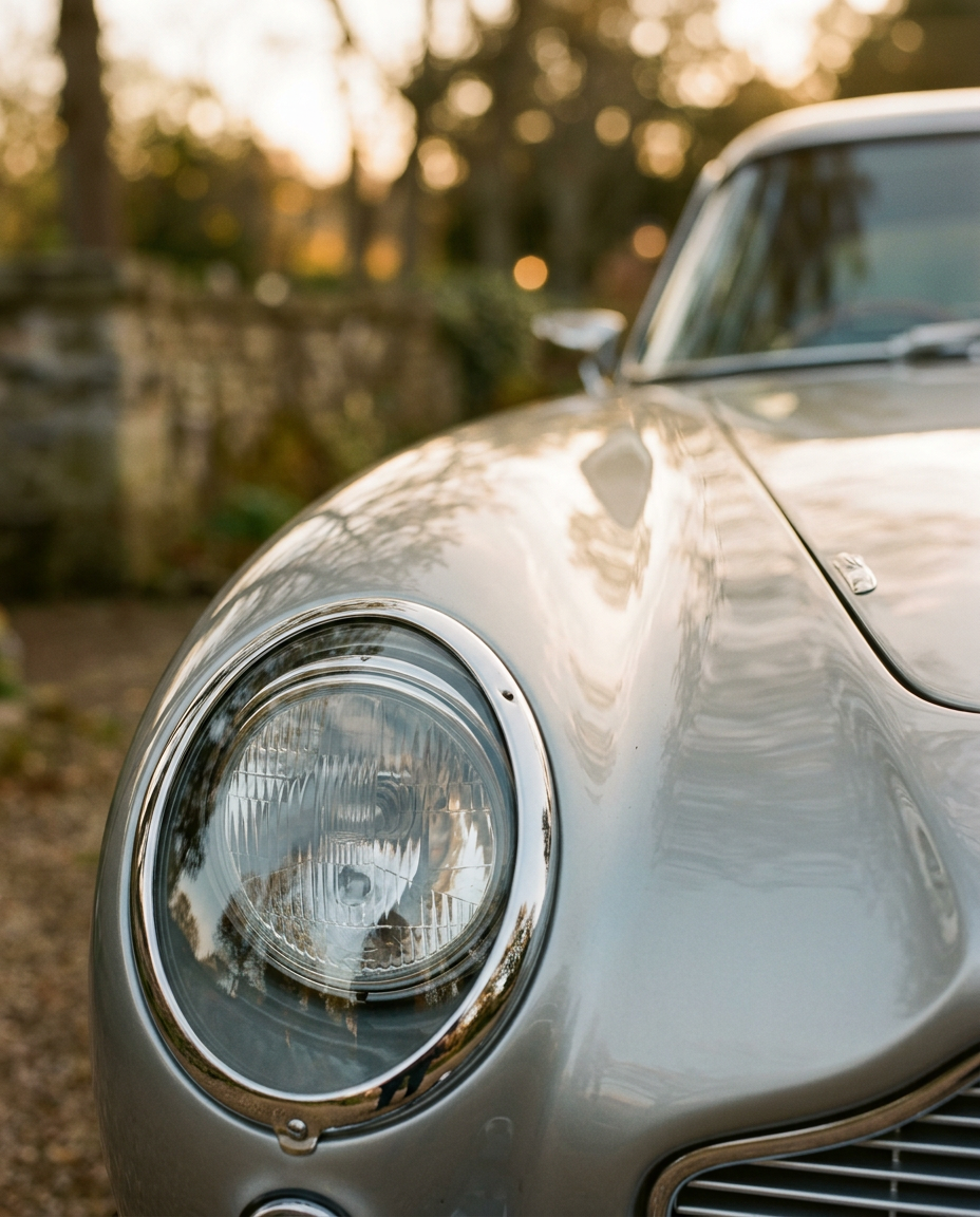 The chrome headlight and silver bodywork of a vintage grand tourer