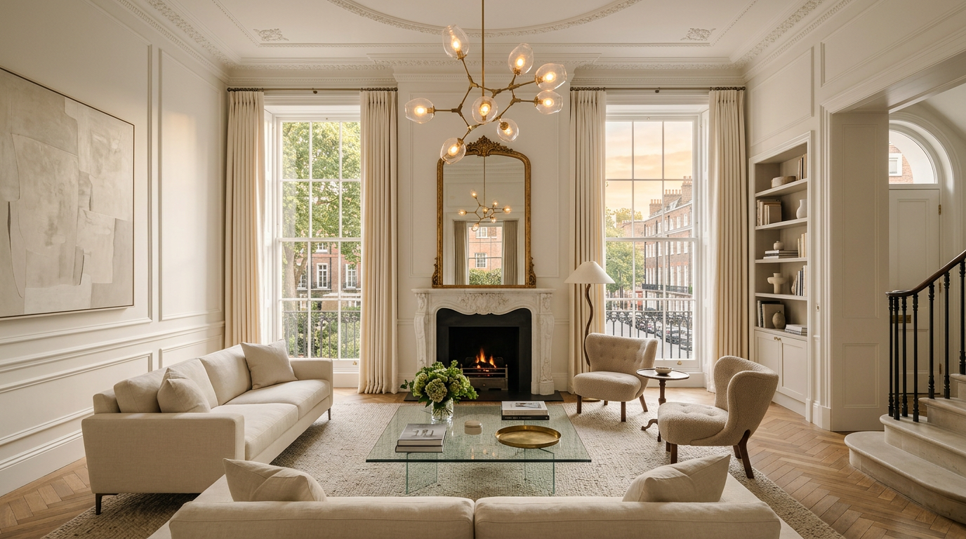 A double-height London drawing room with herringbone parquet and a marble fireplace