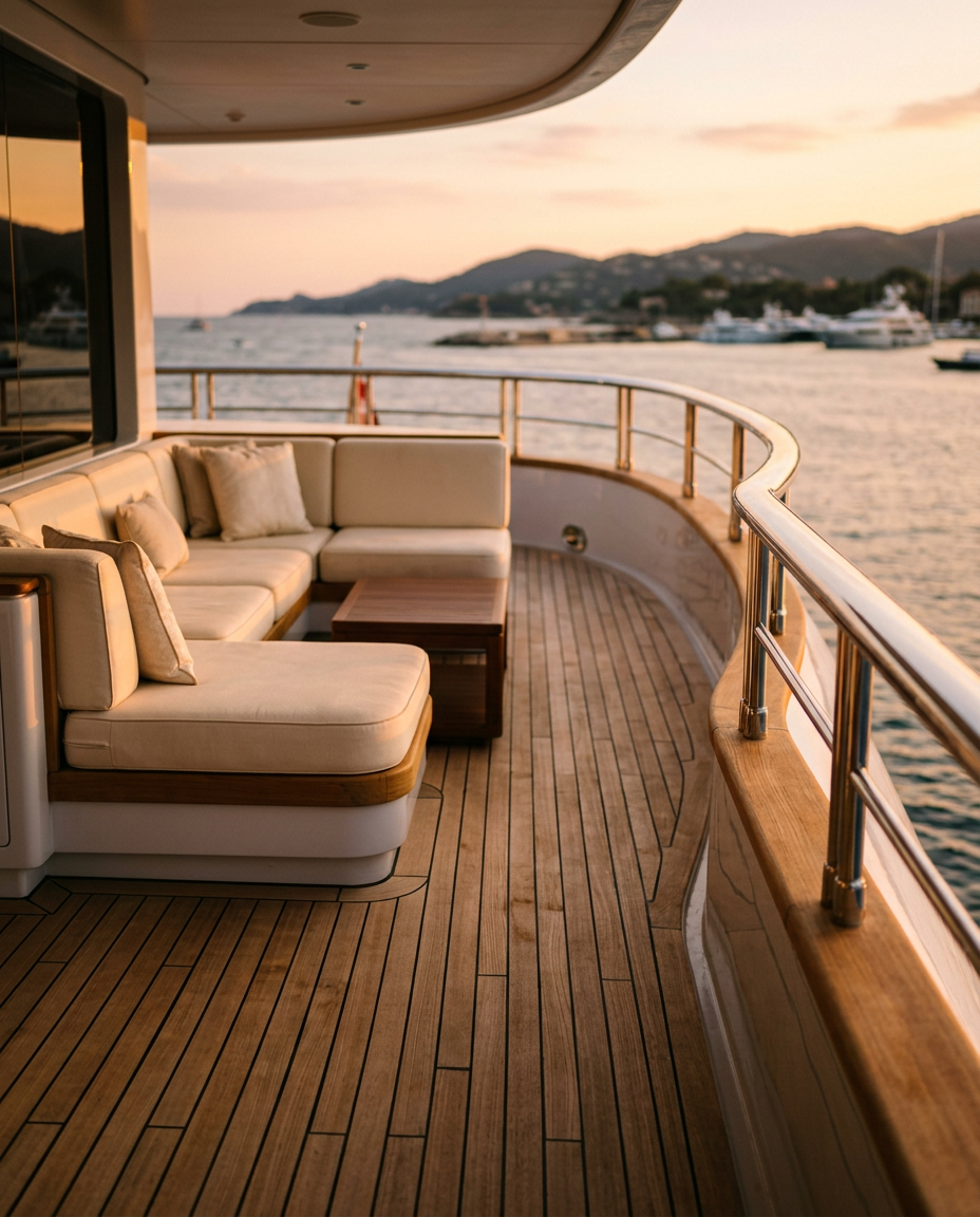 A teak aft deck with cream cushions in evening light